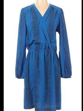 Blue Faux-Wrap Midi Dress with Subtle Animal Texture